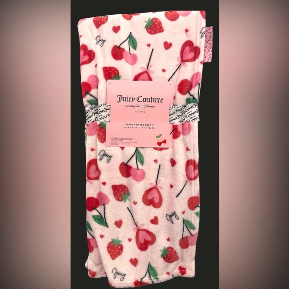 Juicy Couture Plush Throw Pink Red Hearts Cherries Strawberries 50x60 NEW NWT